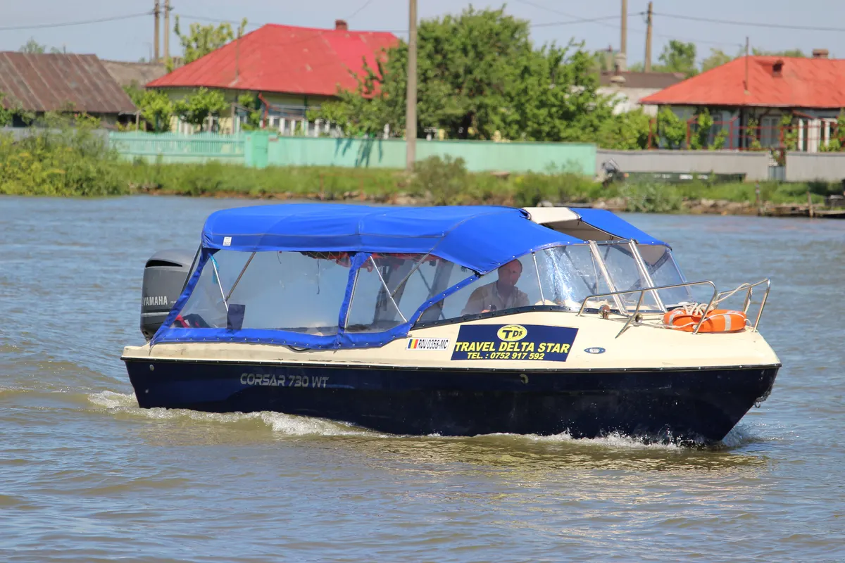Travel Delta Star boat with a blue canopy, front view